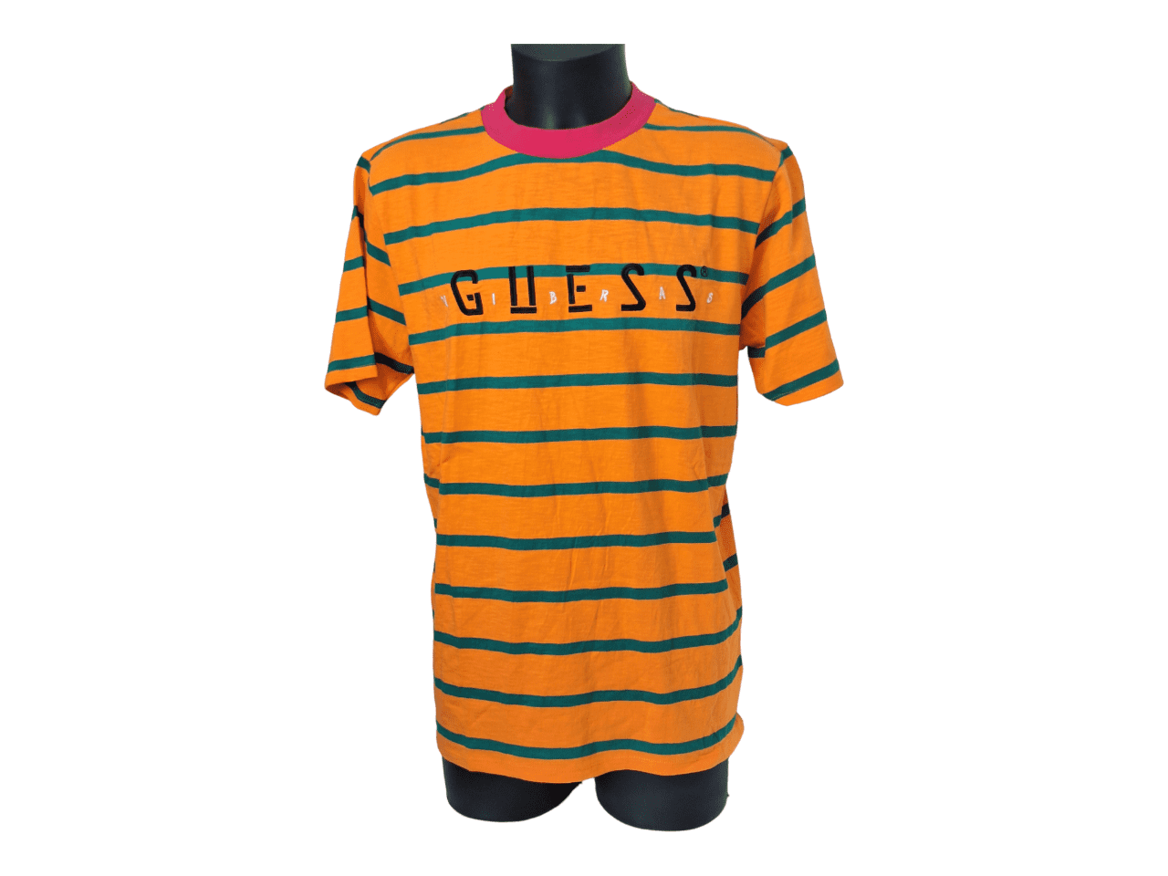 T-Shirt GUESS orange à rayure vertes col rond fushia taille S